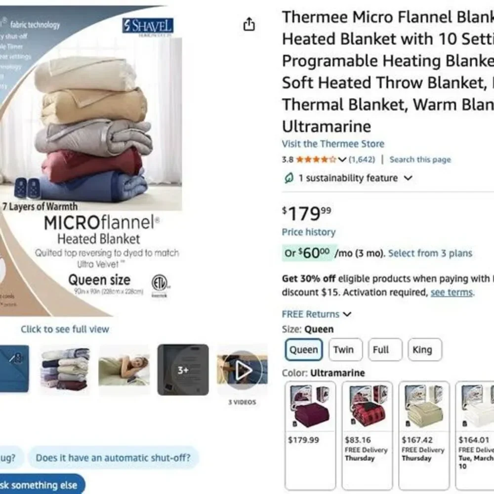 Brand new Shavel Thermee Micro Flannel Blanket Queen Size Heated Blanket with 10